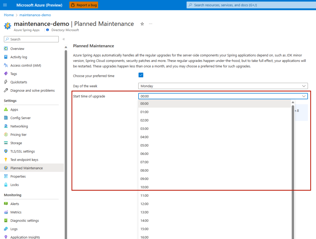 업그레이드 시작 시간 옵션이 강조 표시된 계획된 유지 관리 페이지를 보여 주는 Azure Portal의 스크린샷.