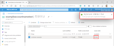 Screenshot showing a container's broken lease within the Azure portal.