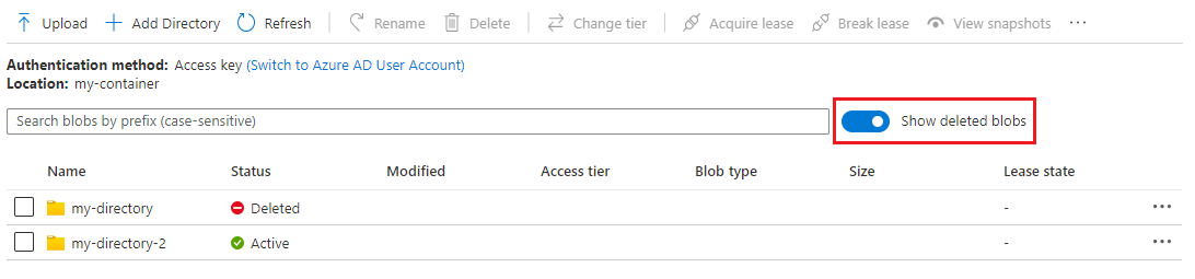 Azure Portal에서 일시 삭제된 Blob(계층 구조 네임스페이스 지원 계정)을 나열하는 방법을 보여 주는 스크린샷