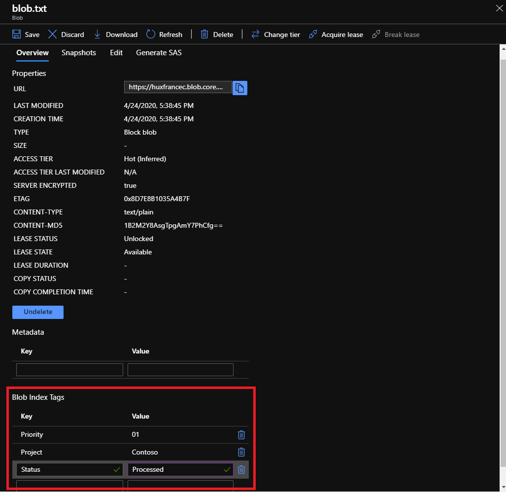 Blob에서 인덱스 태그를 가져오고, 설정하고, 업데이트하고, 삭제하는 방법을 보여주는 Azure Portal의 스크린샷
