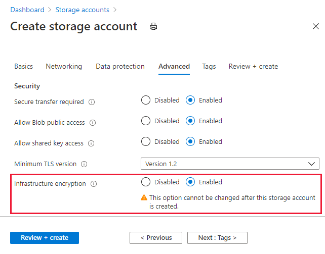 Screenshot showing how to enable infrastructure encryption when creating account.