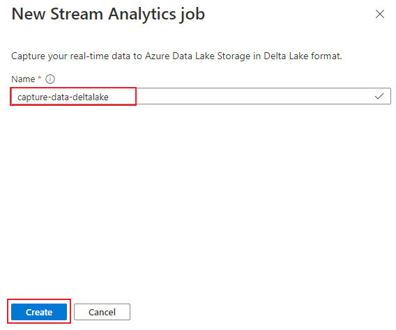 작업 이름을 입력하는 새 Stream Analytics 창을 보여 주는 스크린샷.