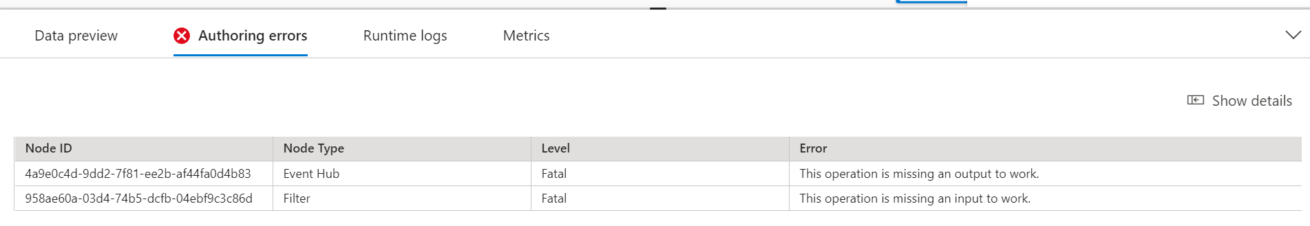 제작 오류 예 목록을 보여 주는 스크린샷.