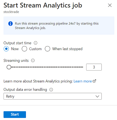 Stream Analytics 작업 구성을 검토하고 작업을 시작하기 위한 대화 상자를 보여 주는 스크린샷.