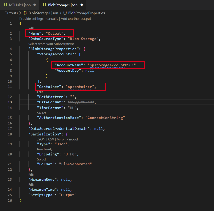 Screenshot showing the configuration of output for the Stream Analytics job.