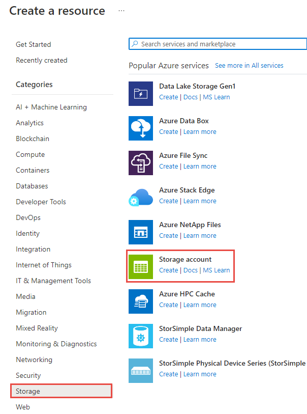 Screenshot showing the Create storage account menu.
