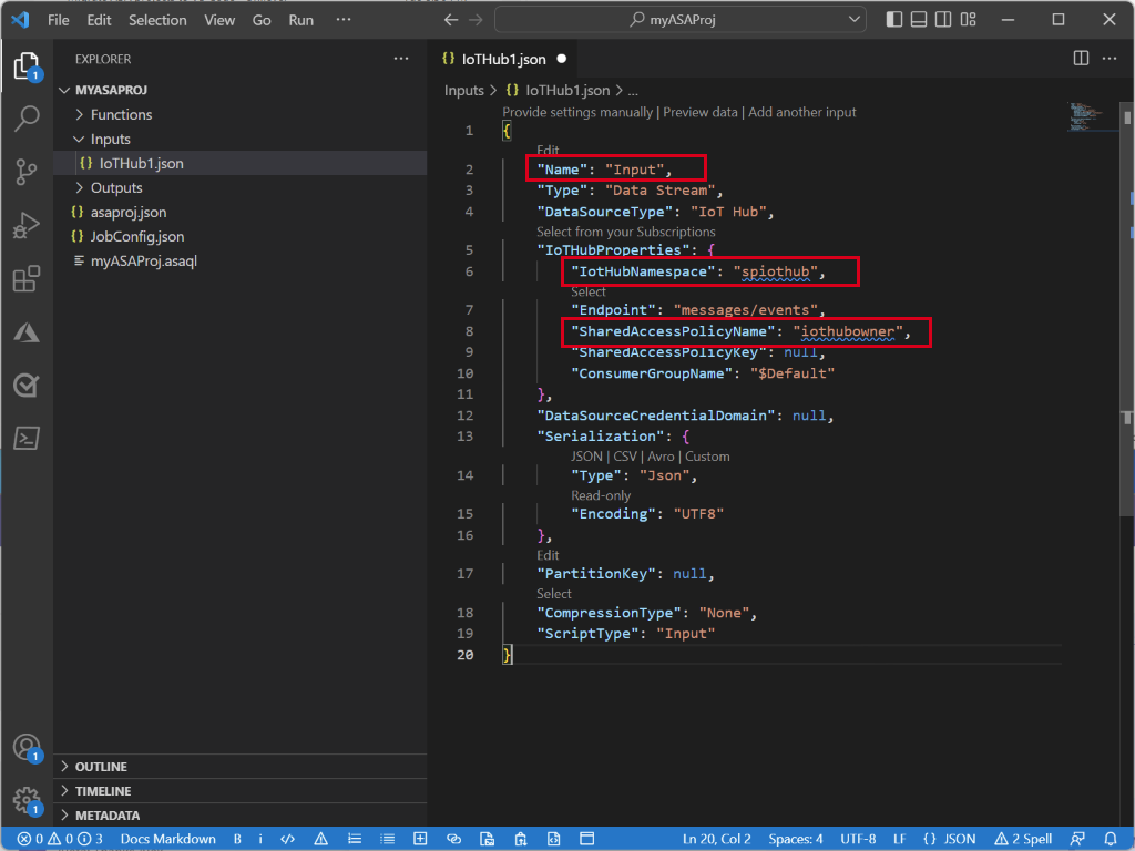 Screenshot showing the IoT Hub configuration in VS Code.