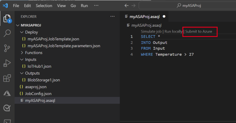 Screenshot showing the submit job button to submit the Stream Analytics job to Azure.