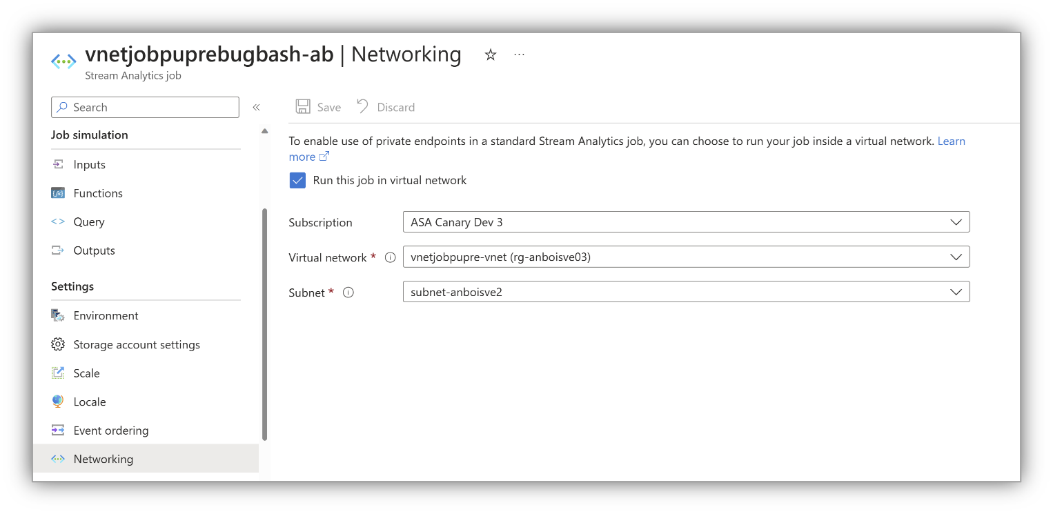 Screenshot of the Networking page for a Stream Analytics job.