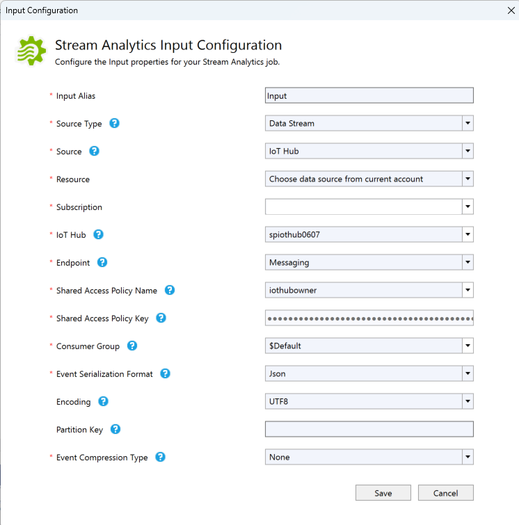 Screenshot showing the Stream Analytics Input Configuration page.