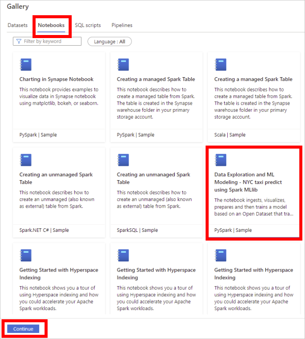 Select the machine learning sample notebook in the gallery.