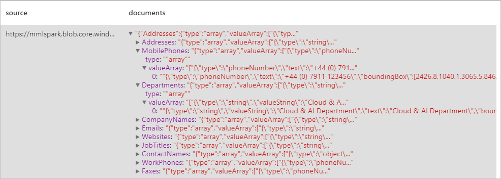 Screenshot of the expected results from analyzing the example business card.