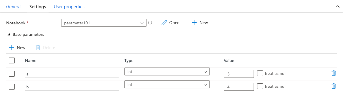 Azure Synapse Analytics에서 매개 변수를 할당하는 영역의 스크린샷