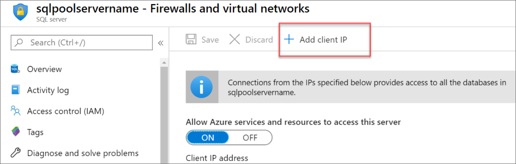 Azure Portal 스크린샷. 클라이언트 IP 추가 단추를 통한 서버 방화벽 규칙.