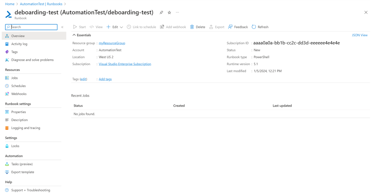 Runbook이 디보딩하는 동안 PowerShell 5.1을 지원함을 보여 주는 스크린샷.