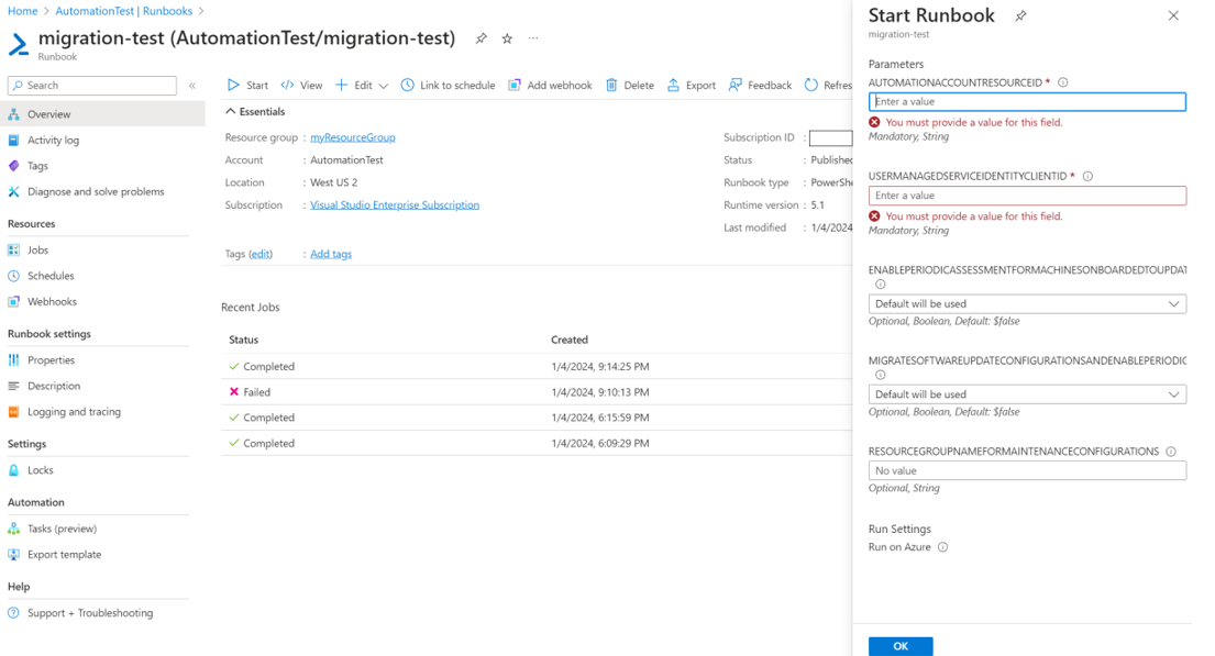 Runbook을 실행하고 필수 매개 변수를 전달하는 방법을 보여 주는 스크린샷.