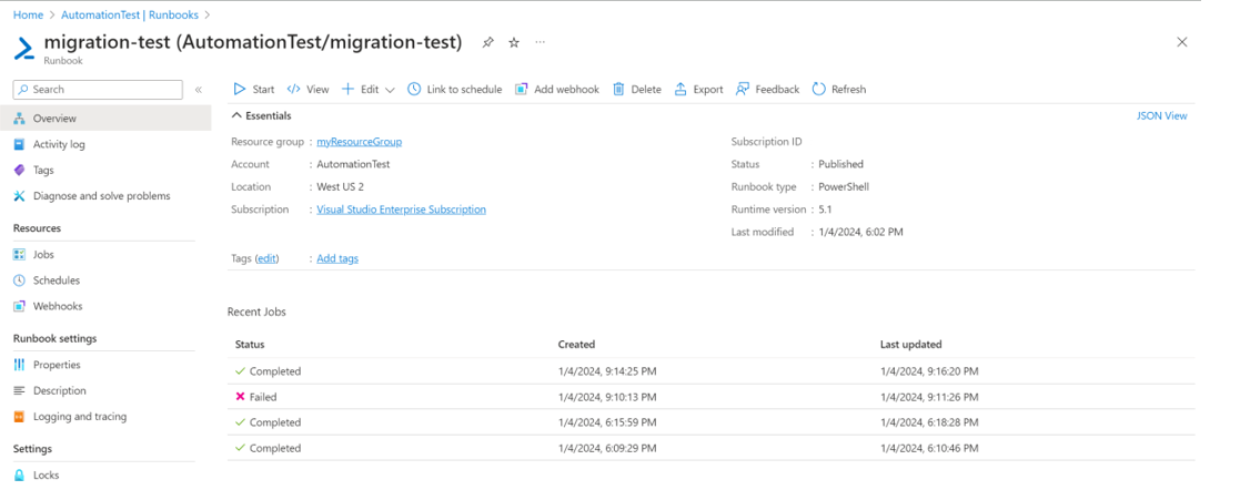 Runbook이 가져오는 동안 PowerShell 5.1을 지원함을 보여 주는 스크린샷.