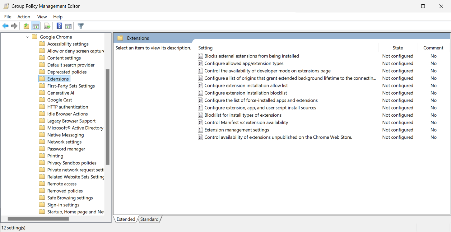 그룹 정책 편집기에서 Google Chrome 확장 옵션을 보여 주는 스크린샷