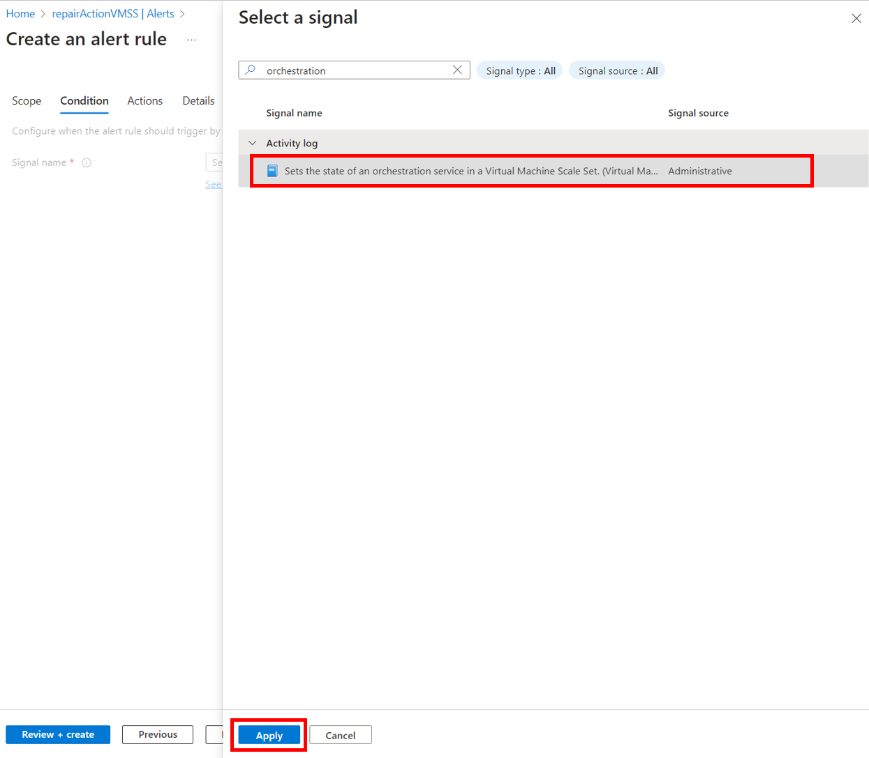 Select alert signal to monitor scale set orchestration service state