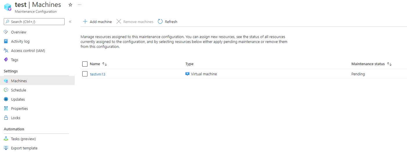 Azure Portal에서 유지 관리 구성을 확인하는 위치를 보여 주는 스크린샷.