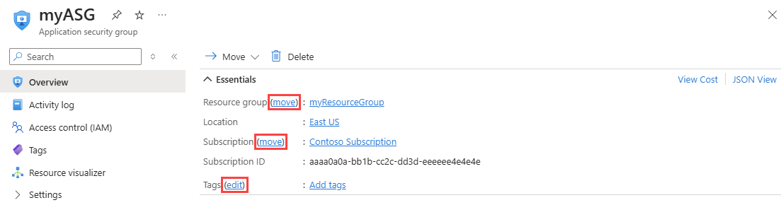 Screenshot of change application security group in Azure portal.