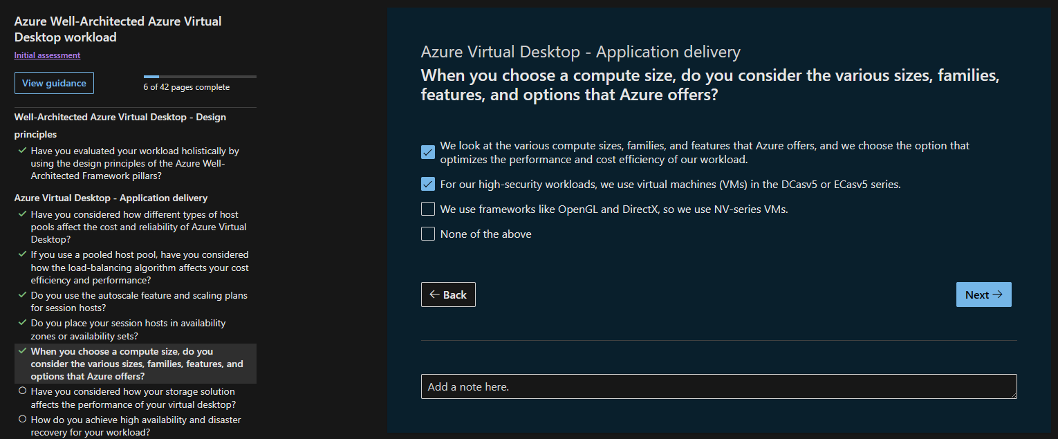Azure Virtual Desktop 평가의 질문 스크린샷. 몇 가지 답변이 선택됩니다. 왼쪽에는 평가의 개요가 표시됩니다.