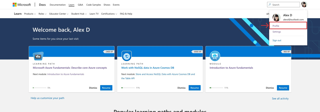 Learn 프로필 사진 아바타의 드롭다운 메뉴를 보여 주는 Microsoft Learn 웹 페이지. 프로필 선택이 강조 표시됨.