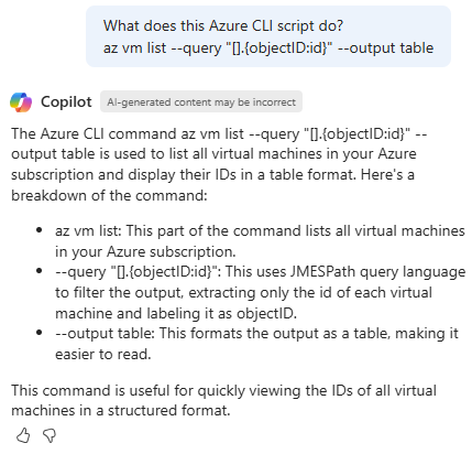 <Azure CLI 스크립트를 설명하는 Azure의 Copilot 스크린샷>