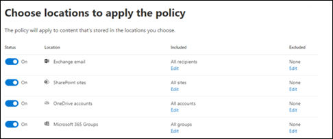 Microsoft Purview 포털에서 보존 정책을 만들고 정책을 적용할 위치를 선택하는 예제입니다.