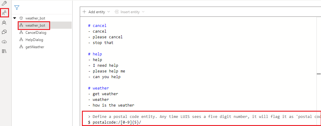 postalcode regex entity in User input