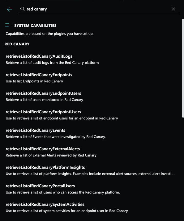 사용 가능한 Red Canary 기술을 보여 주는 스크린샷