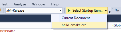 CMake 프로젝트에 대한 시작 항목 선택 드롭다운의 스크린샷. 현재 문서 또는 hello-cmake.exe를 선택합니다.