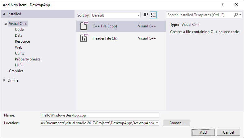 DesktopApp Project에 .cpp 파일 추가 설치된 > Visual C++가 선택되고 C++ 파일 옵션이 강조 표시된 Visual Studio 2015의 새 항목 추가 대화 상자의 스크린샷.
