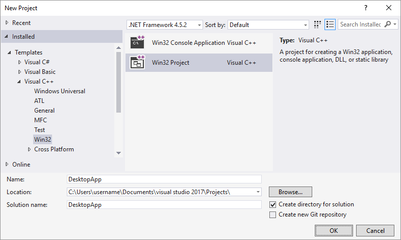 Visual Studio 2015에 설치된 > 템플릿 > Visual C++ > Win32가 선택된 새 프로젝트 대화 상자, Win32 프로젝트 옵션이 강조 표시되고 이름 텍스트 상자에 DesktopApp이 입력된 스크린샷.