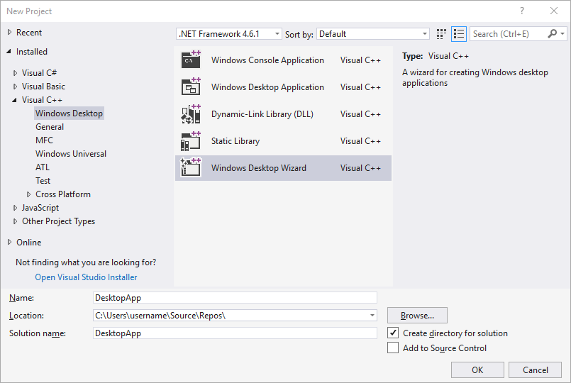 Visual Studio 2017의 새 프로젝트 대화 상자 스크린샷. Windows 데스크톱 마법사 항목이 선택되어 있습니다. 이름 텍스트 상자에 DesktopApp이 표시됩니다.
