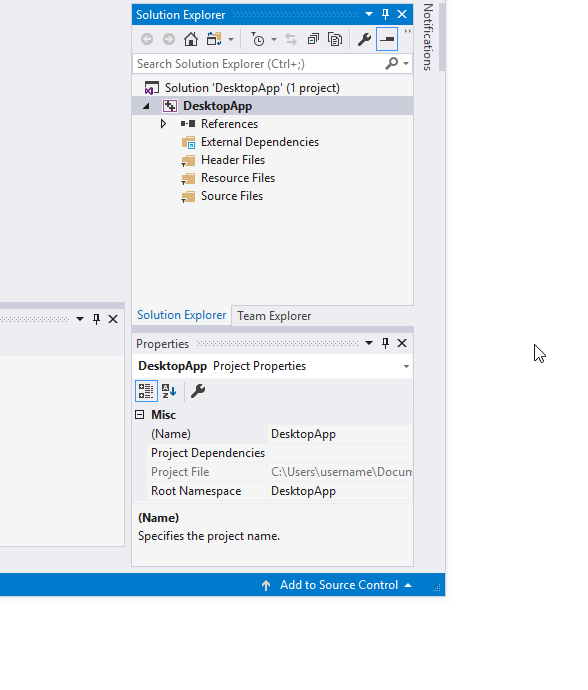 Visual Studio 2015에서 DesktopApp Project에 새 항목을 추가하는 방법을 보여 주는 애니메이션입니다.