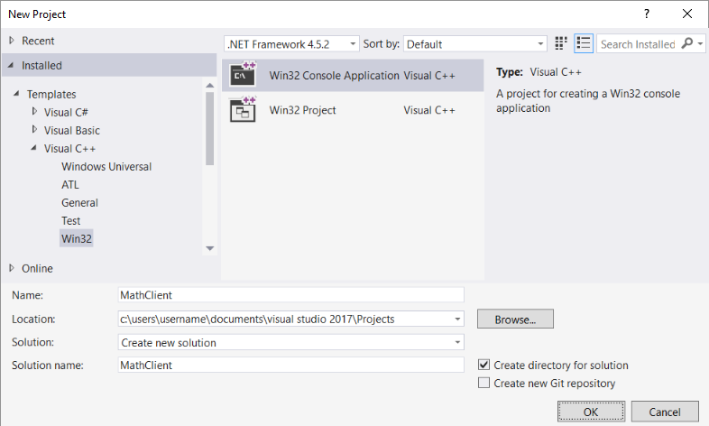 설치 > 되어 있는 새 프로젝트 대화 상자의 스크린샷 > 템플릿 Visual C plus plus > Win32 selected, Win32 Console Application Visual C plus plus highlighted, 및 Math Client가 이름 텍스트 상자에 입력되었습니다.