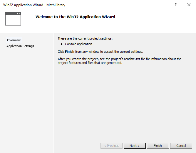 Screenshot of the Win32 Application Wizard Overview page.