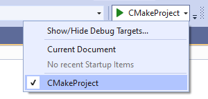 Visual Studio 디버그 드롭다운 메뉴의 스크린샷. CMakeProject가 선택되었습니다.