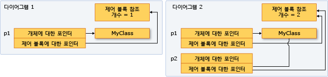 하나의 메모리 위치를 가리키는 두 개의 shared_ptr 인스턴스를 보여 주는 다이어그램.