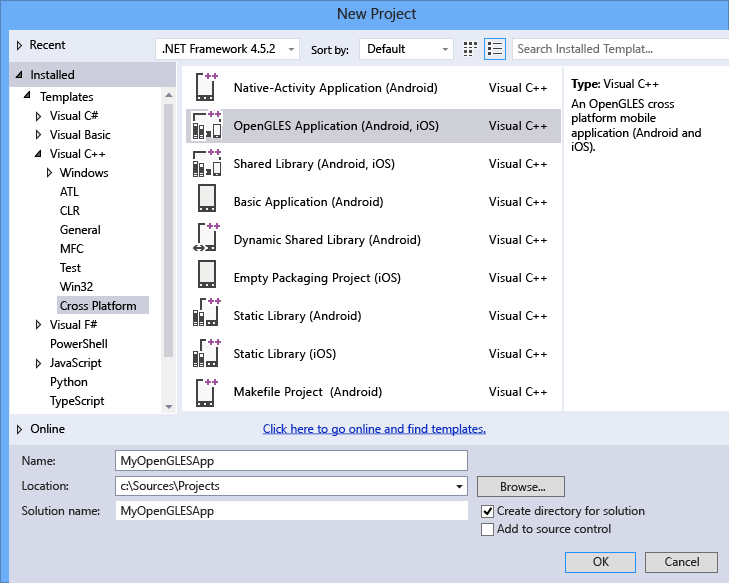 Screenshot of the New Project dialog where the OpenGLES Application project template is selected, with MyOpenGLESApp in the Name textbox.