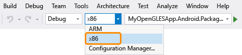 Screenshot of the Solution Platform dropdown with x86 highlighted.