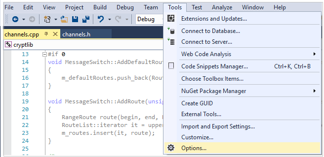편집기 옵션 선택한 Visual Studio 메뉴 항목 도구와 옵션 메뉴 항목이 강조 표시된 스크린샷.