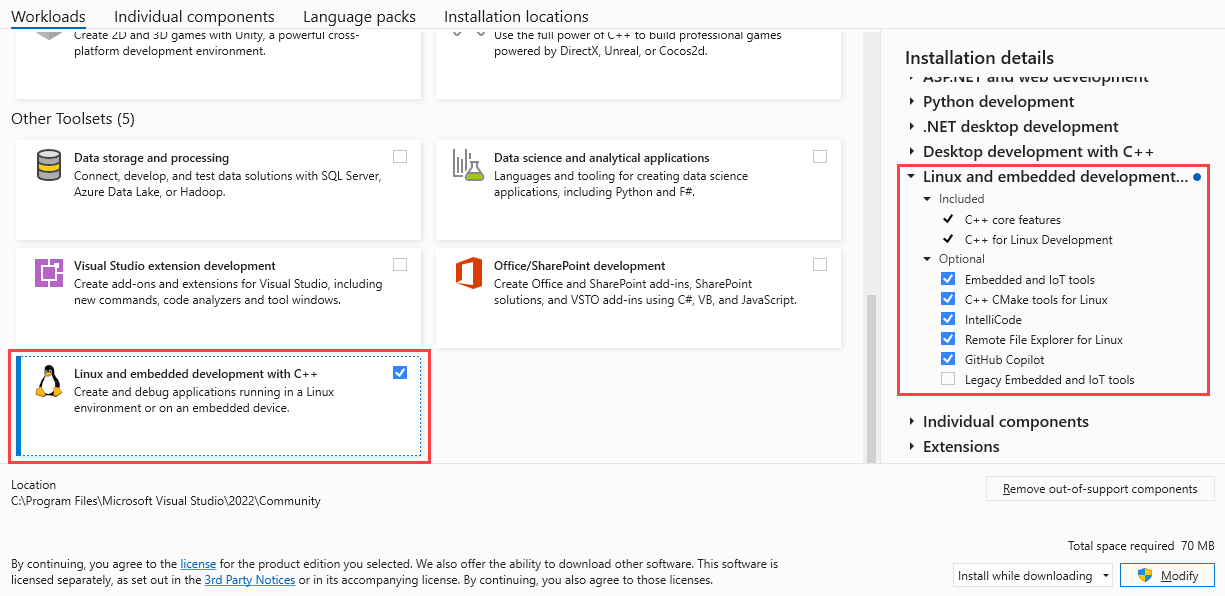 Visual Studio 설치 관리자의 스크린샷. **Linux 및 C++** 워크로드를 사용한 임베디드 개발이 선택됩니다. 설치 세부 정보 창에서 Linux용 원격 파일 탐색기가 선택됩니다.