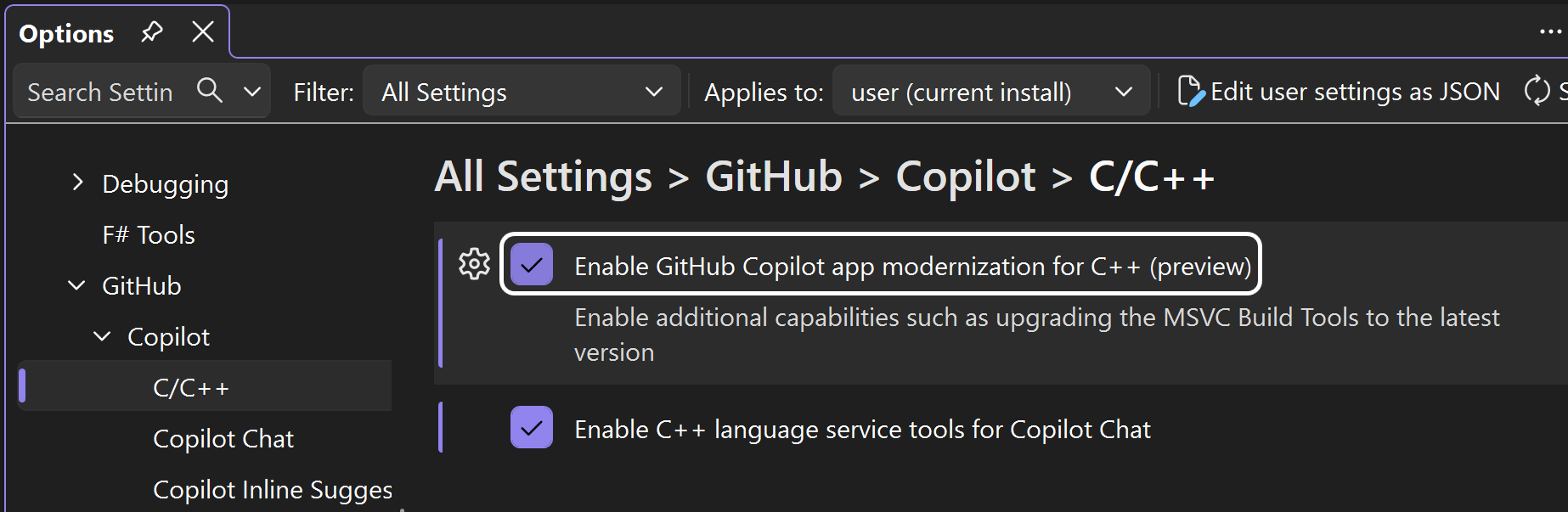 C++에 대해 GitHub Copilot 앱 현대화를 사용하도록 설정하는 설정의 스크린샷.