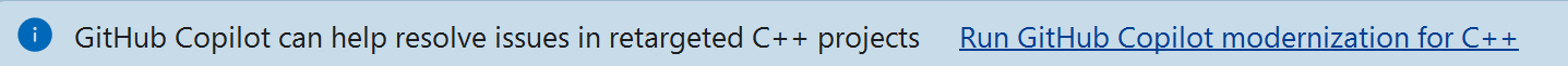  현대화 에이전트를 시작하기 위한 Visual Studio 인포바 메시지 스크린샷.