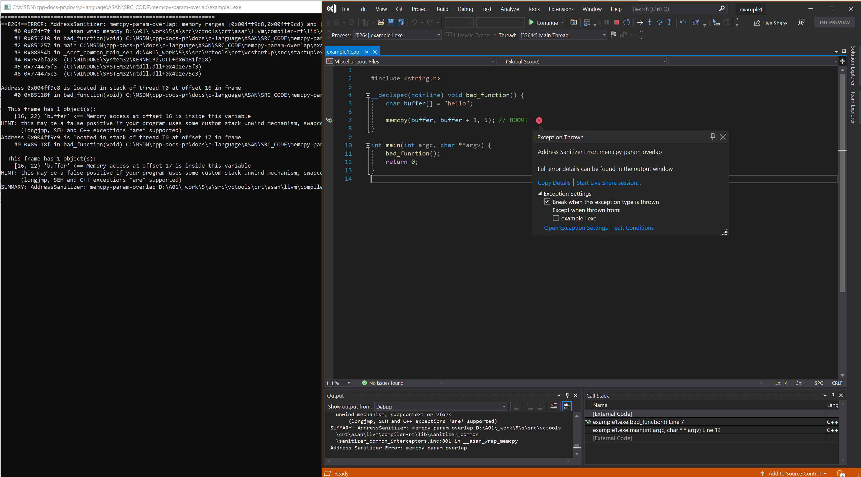 예제 1에서 memcpy-param-overlap 오류를 표시하는 디버거의 스크린샷