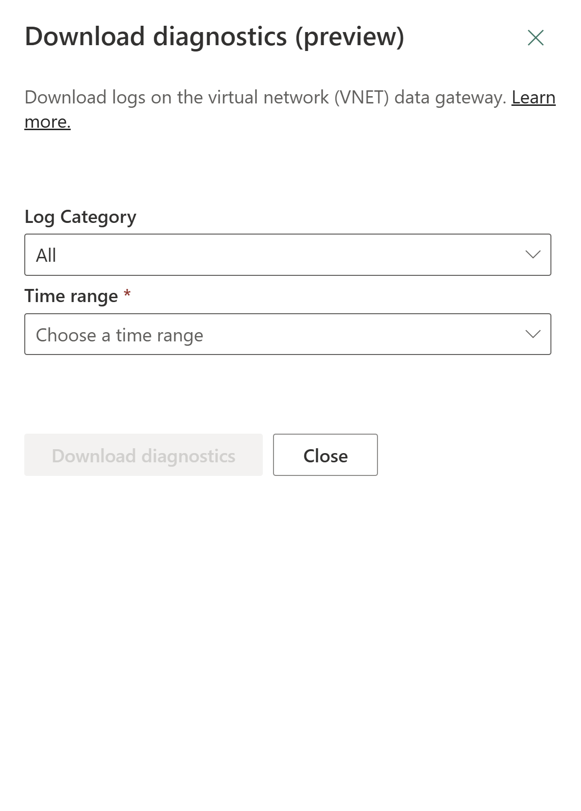 로그 범주 및 시간 범위를 선택하는 진단 다운로드 대화 상자의 스크린샷