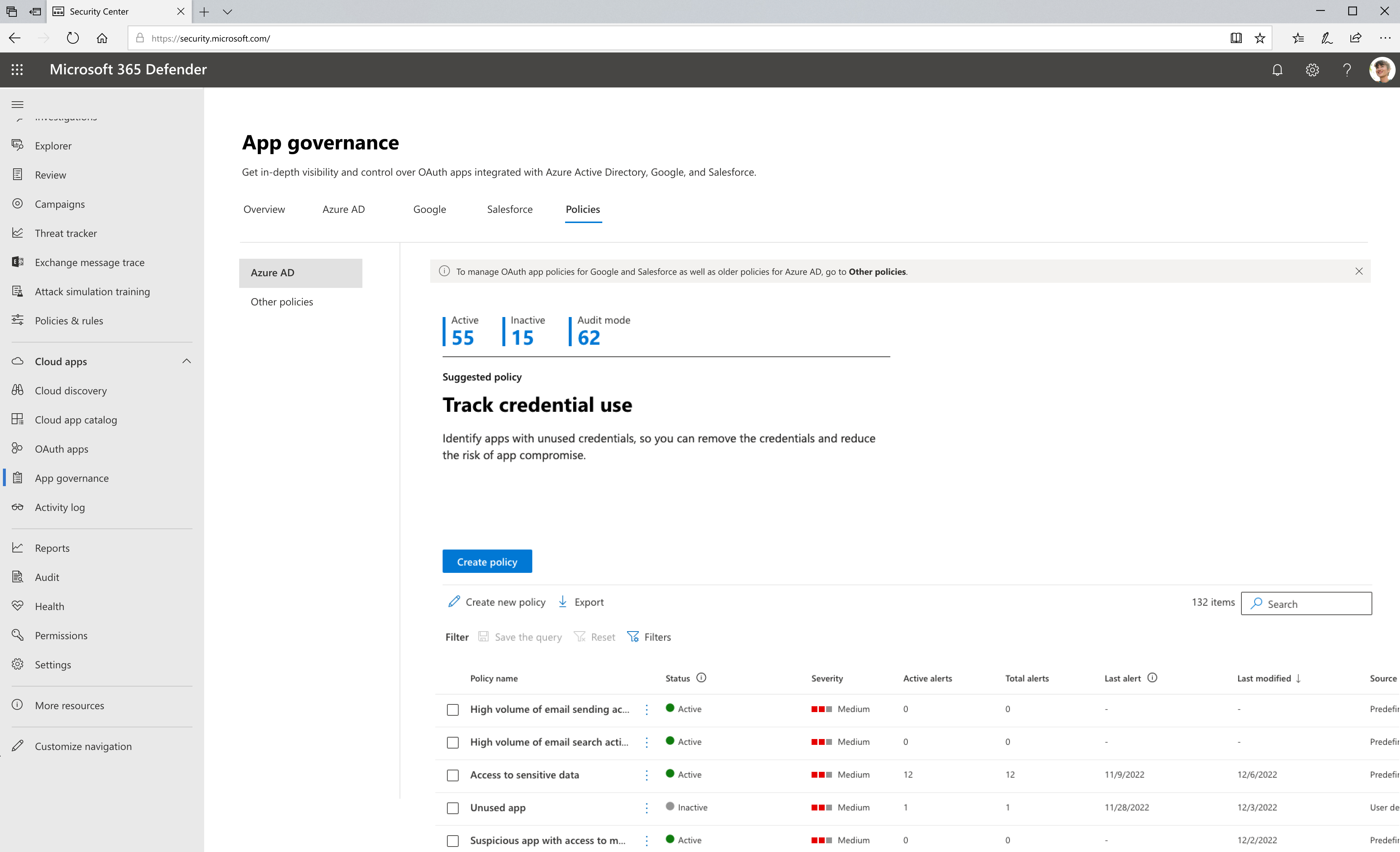 Screenshot of the app governance policies summary page in Microsoft Defender XDR.
