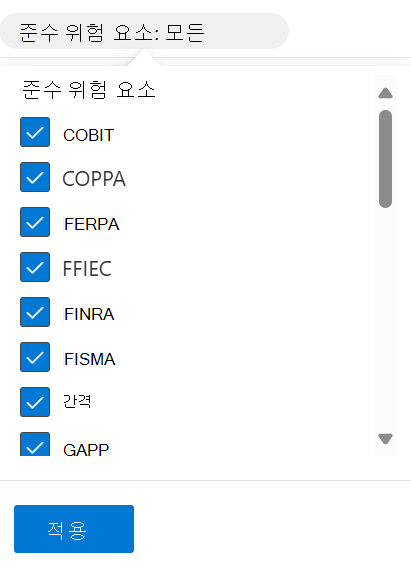 규정 준수 위험 요소를 보여 주는 스크린샷